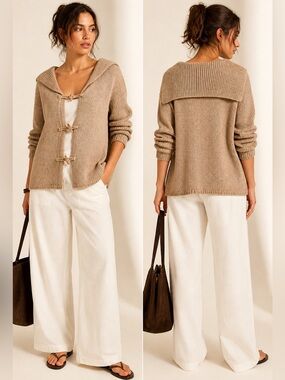 Woolrich Sailor Collar Knit Cardigan Oatmeal Toggle Cozy Sz L